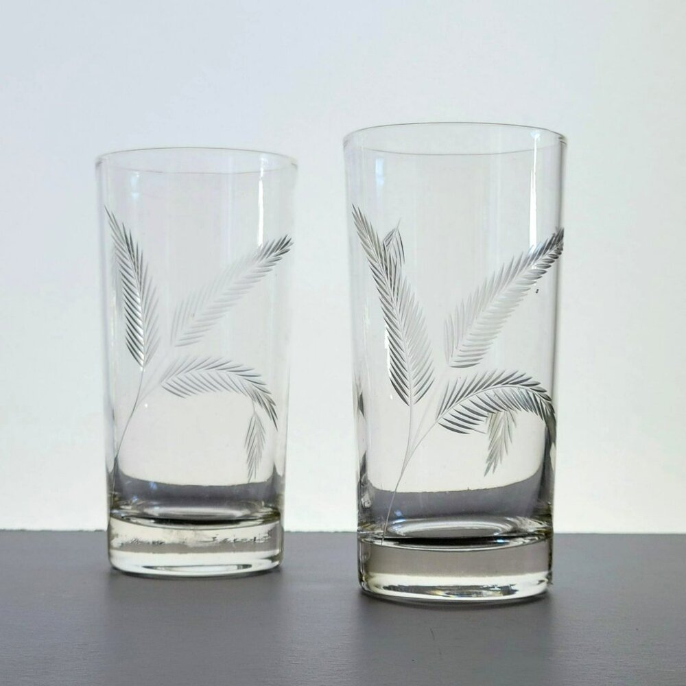 Vintage Etched Wheat Tumbler Glasses Set of 2, Mid Century Modern Glassware
